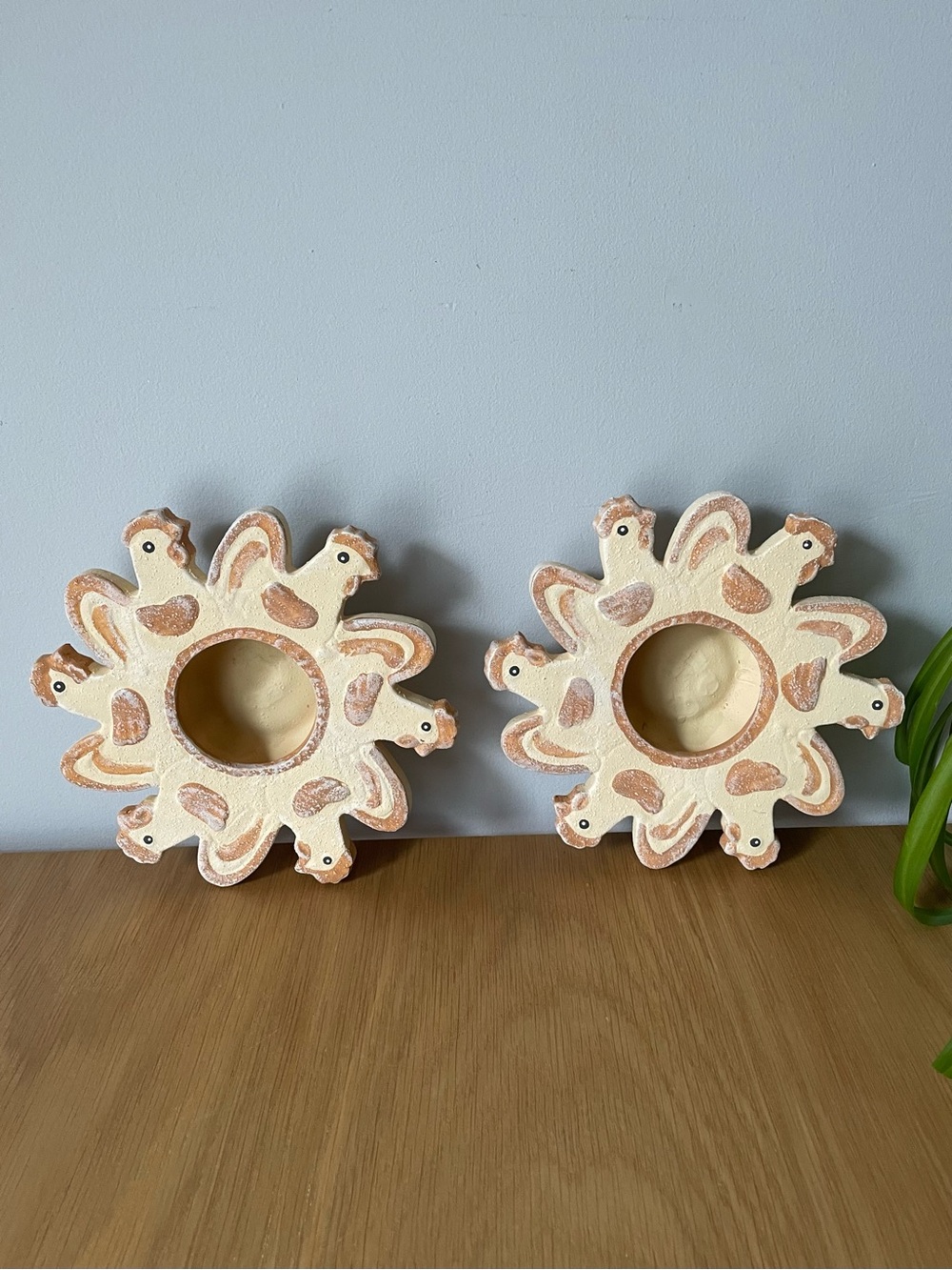Celestial Sun Chicken Pottery Tealight Candle Holders Pair 🌞 🐓